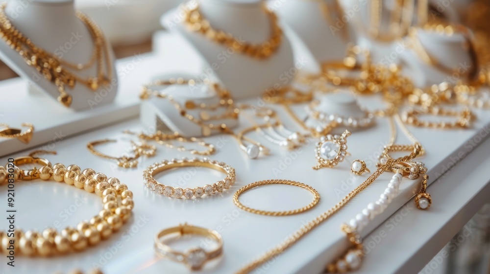 A Collection of Gold and Pearl Jewelry on Display A Collection of Gold and Pearl Jewelry on Display