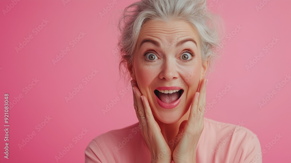 Portrait of mature woman in surprise expression, isolated on pink background Portrait of mature woman in surprise expression, isolated on pink background
