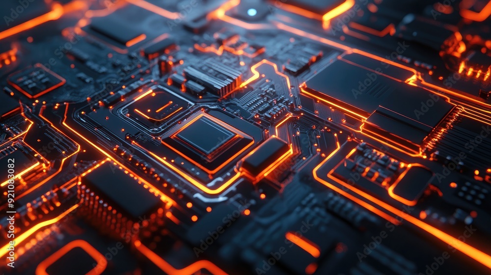 3D futuristic circuit board with neon highlights 3D futuristic circuit board with neon highlights