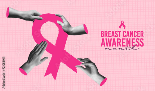 Breast Cancer Awareness month diverse hand in retro collage vector illustration