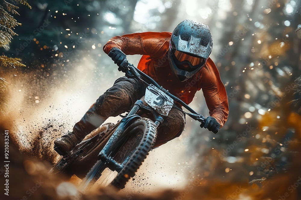 dynamic action shot of a mountain biker midair during a downhill jump lush forest backdrop with streaming sunlight motion blur and flying dirt emphasize speed and intensity dynamic action shot of a mountain biker midair during a downhill jump lush forest backdrop with streaming sunlight motion blur and flying dirt emphasize speed and intensity