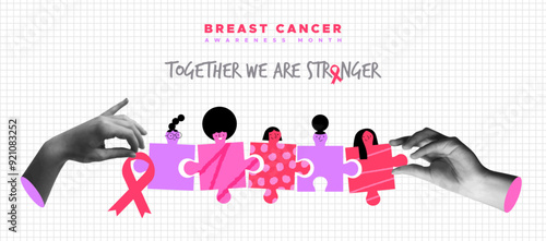 Breast Cancer diverse women as puzzle and hands in retro collage vector illustration