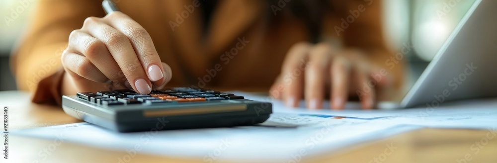 Close-Up of Hands Using a Calculator on a Wooden Desk with Papers and a Laptop – High-Resolution Stock Photo Representing Financial Planning, Accounting, and Budgeting Close-Up of Hands Using a Calculator on a Wooden Desk with Papers and a Laptop – High-Resolution Stock Photo Representing Financial Planning, Accounting, and Budgeting