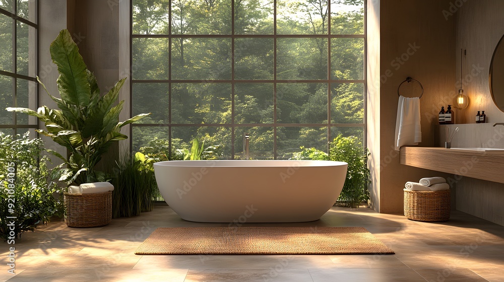 Panoramic view of a stylish, comfortable bathroom design with clean lines and neutral tones, high-resolution image. Panoramic view of a stylish, comfortable bathroom design with clean lines and neutral tones, high-resolution image.