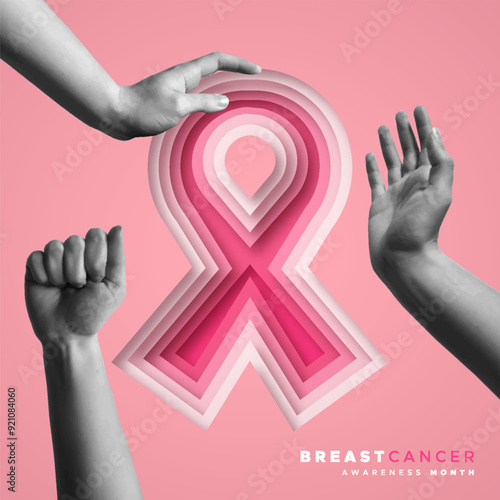 Pink breast cancer ribbon and human hands in retro collage vector illustration