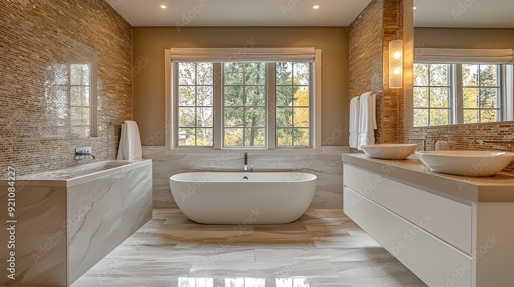 Modern bathroom design emphasizing comfort and elegance, high-resolution panoramic photo with a clean aesthetic. Modern bathroom design emphasizing comfort and elegance, high-resolution panoramic photo with a clean aesthetic.