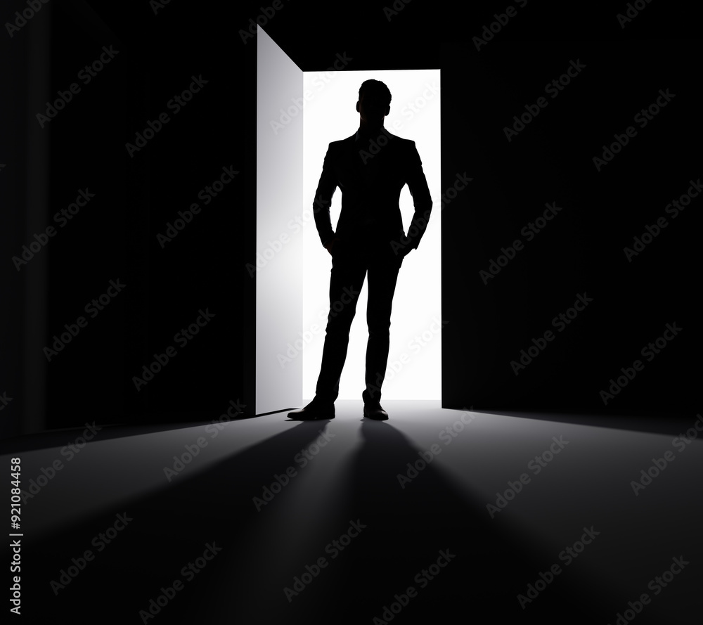 Obraz premium A man stands in the doorway of a large ajar door in the rays of light.