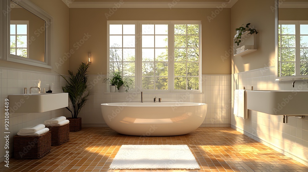 Fototapeta premium Elegant bathroom with a clean and comfortable design, showcased in a high-resolution panoramic photo.