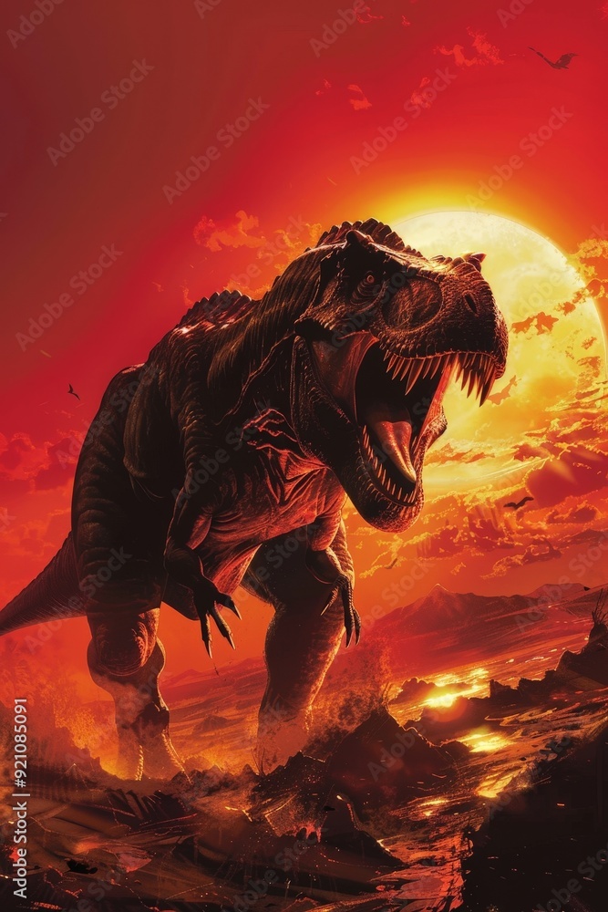 A brutal, horned Tyrannosaurus Rex roars fiercely under a red sun, its demonic form and primal savagery captured in dramatic anime art. A brutal, horned Tyrannosaurus Rex roars fiercely under a red sun, its demonic form and primal savagery captured in dramatic anime art.