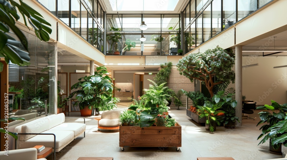 A business office with a central atrium filled with plants and natural light, creating a serene atmosphere. A business office with a central atrium filled with plants and natural light, creating a serene atmosphere.