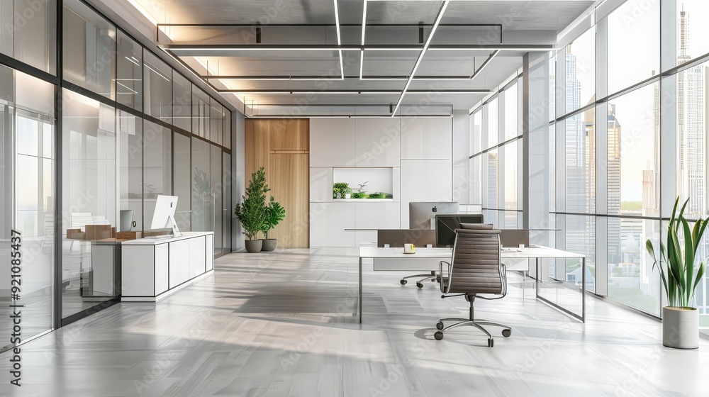 A business office with a minimalist design, featuring clean lines, neutral colors, and ample natural light. A business office with a minimalist design, featuring clean lines, neutral colors, and ample natural light.