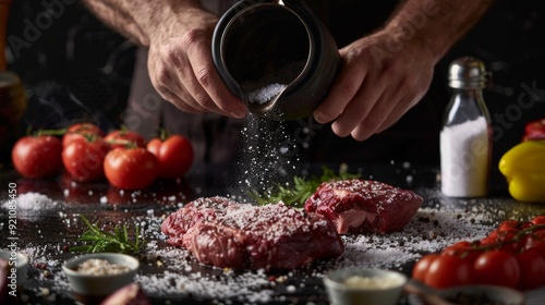 Chef seasoning raw meat with salt on a table full of fresh ingredients, including tomatoes and herbs. Vibrant culinary scene in a rustic style kitchen. Perfect for food blogs and recipe books. AI photo