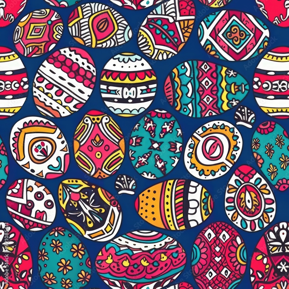 Fototapeta premium Colorful Ornamental Easter Eggs on a Blue Background