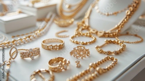 Golden Jewelry Display: Bracelets, Rings and Necklaces