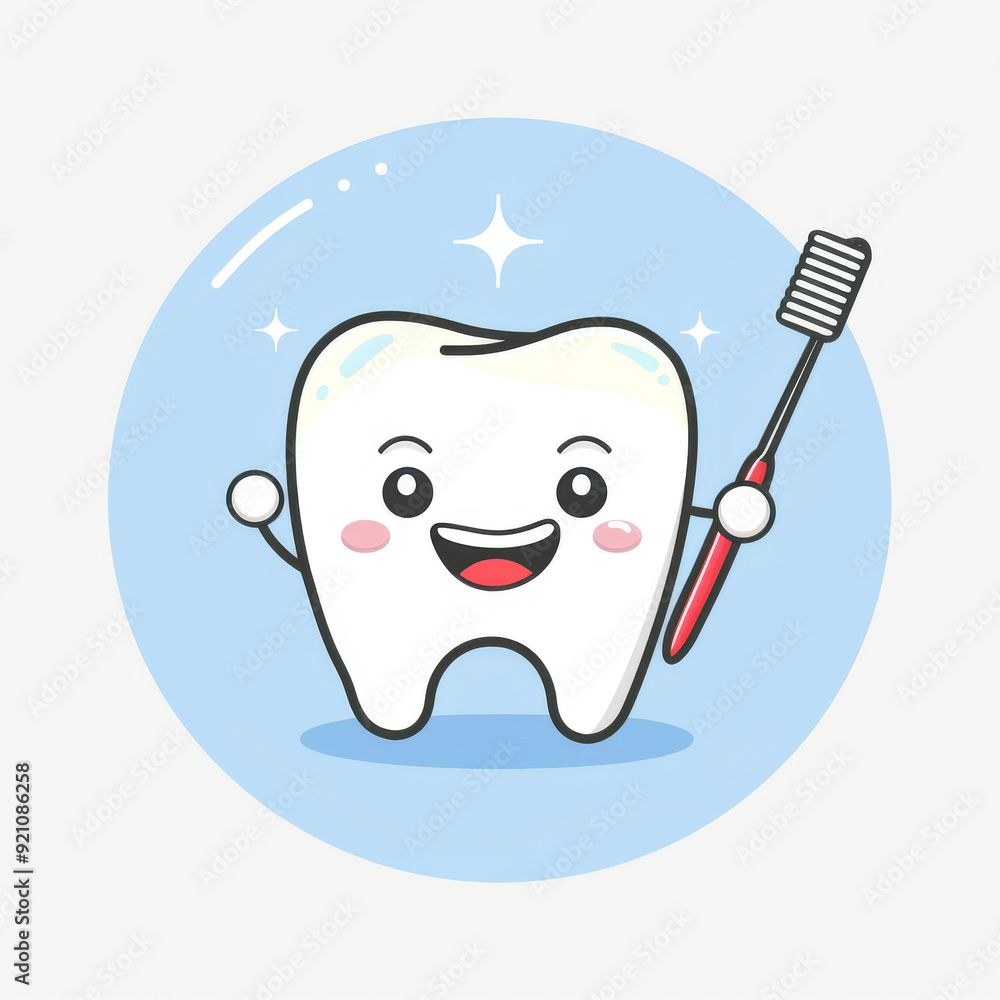 Fototapeta premium Smiling tooth with toothbrush in hand surrounded by sparkles, background