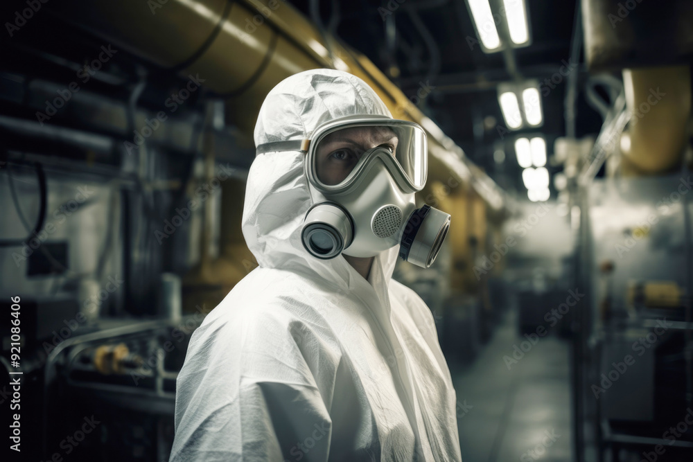 Person in hazmat suit with gas mask in industrial facility, concept of safety and protection Person in hazmat suit with gas mask in industrial facility, concept of safety and protection