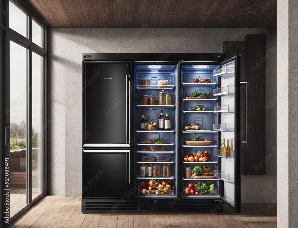 A large black refrigerator with a lot of food inside A large black refrigerator with a lot of food inside
