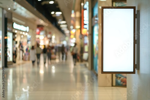 Blank White Billboard in Busy Mall with Vibrant Store Displays and Blurred People in Background