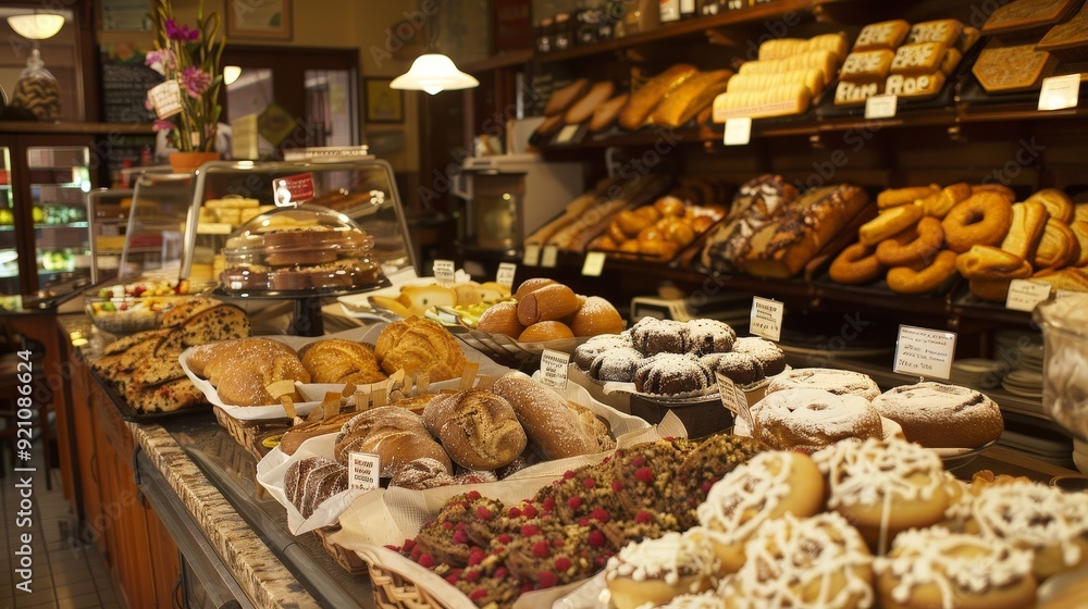 A bustling small business bakery with freshly baked bread, cakes, and cookies on display. A bustling small business bakery with freshly baked bread, cakes, and cookies on display.