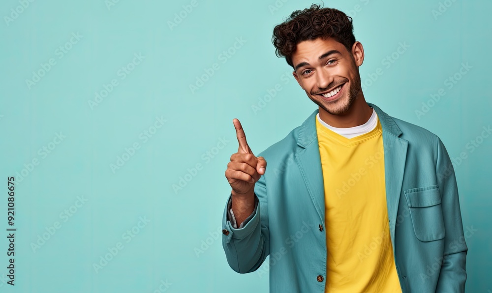 A smiling young man in a teal blazer and yellow shirt, gesturing with his finger raised. A smiling young man in a teal blazer and yellow shirt, gesturing with his finger raised.