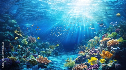 Underwater Scene with Sunbeams Shining Through Coral Reef and Fish