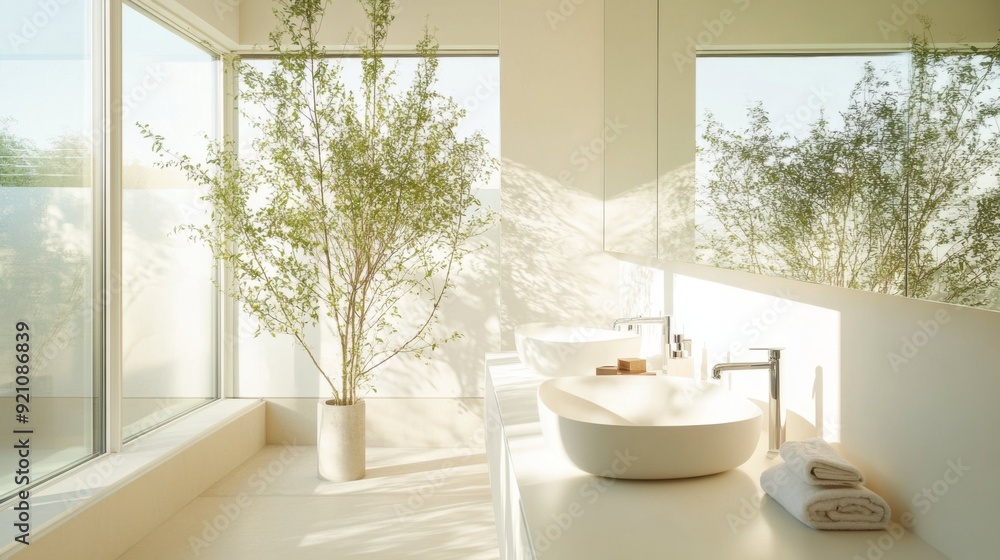 Minimalist Bathroom with Large Windows and Nature Views Minimalist Bathroom with Large Windows and Nature Views
