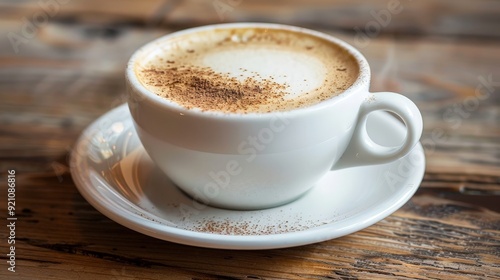 A cappuccino with foam in a simple white cup and saucer.