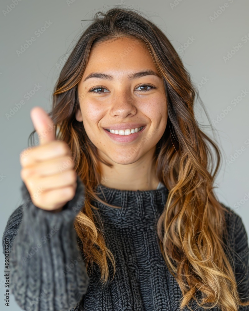 Young woman with a cheerful expression giving a thumbs-up gesture, perfect for conveying positivity, approval, and encouragement, Ideal for marketing, advertisements, or social media content, Young woman with a cheerful expression giving a thumbs-up gesture, perfect for conveying positivity, approval, and encouragement, Ideal for marketing, advertisements, or social media content,