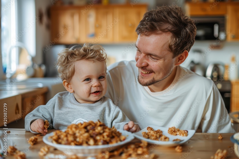 Father and child enjoying a fun moment together at the kitchen table, surrounded by snacks, Ideal for family bonding, parenting articles, and food-related content, Father and child enjoying a fun moment together at the kitchen table, surrounded by snacks, Ideal for family bonding, parenting articles, and food-related content,