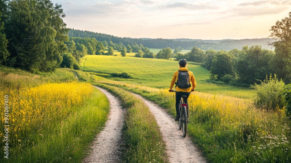 A cyclist in a yellow jacket rides along a scenic dirt path through lush, green countryside filled with trees and flowering fields under a clear sky A cyclist in a yellow jacket rides along a scenic dirt path through lush, green countryside filled with trees and flowering fields under a clear sky