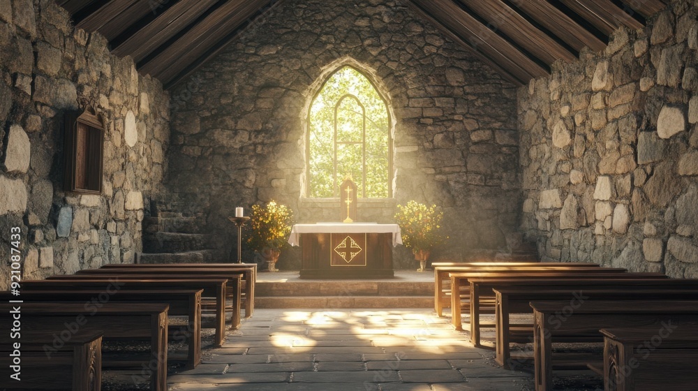 Rustic Stone Chapel Interior with Sunlit Altar Rustic Stone Chapel Interior with Sunlit Altar