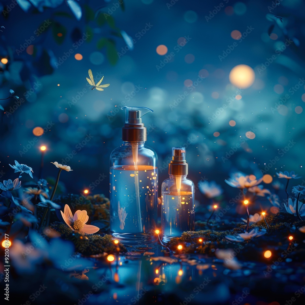 Two illuminated skincare bottles with pumps surrounded by glowing fireflies and flowers in a dreamy, magical setting suitable for beauty, wellness, and spa promotions, Two illuminated skincare bottles with pumps surrounded by glowing fireflies and flowers in a dreamy, magical setting suitable for beauty, wellness, and spa promotions,