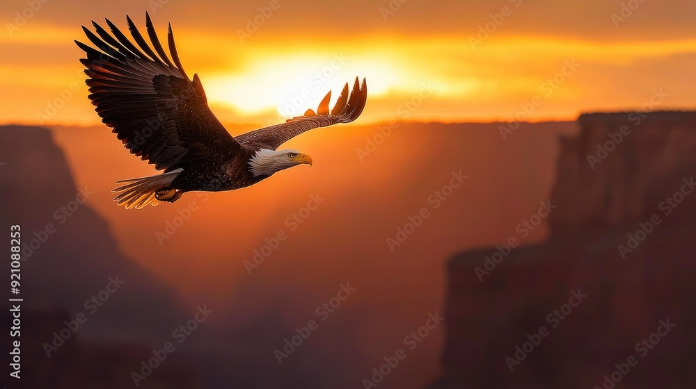 Obraz premium Eagle in Midair Over Canyon with Sunrise Glow