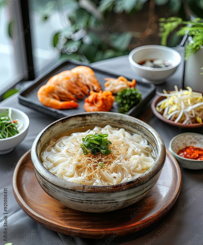 Korean bowl of white noodles topped with shrimp, carrots, and greens. additional small bowls with kimchi with shrimp, traditional Asian cuisine Korean bowl of white noodles topped with shrimp, carrots, and greens. additional small bowls with kimchi with shrimp, traditional Asian cuisine
