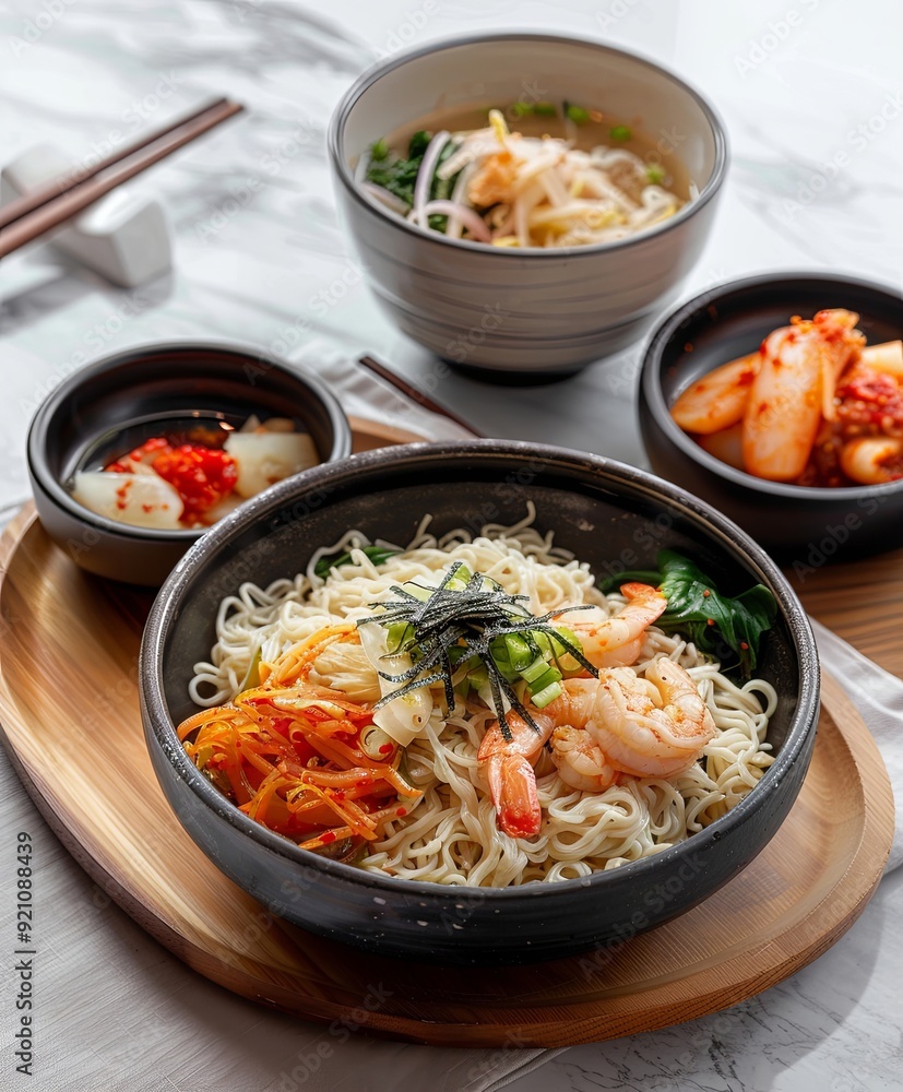 Korean bowl of white noodles topped with shrimp, carrots, and greens. additional small bowls with kimchi with shrimp, traditional Asian cuisine Korean bowl of white noodles topped with shrimp, carrots, and greens. additional small bowls with kimchi with shrimp, traditional Asian cuisine