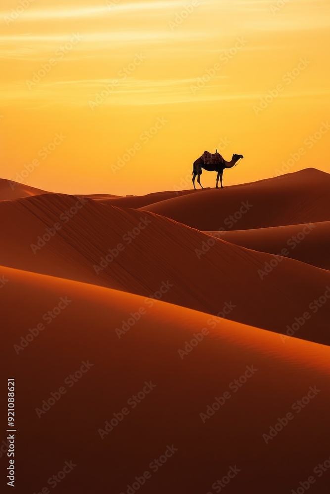 Golden Sand Dunes at Twilight with Isolated Camel Golden Sand Dunes at Twilight with Isolated Camel