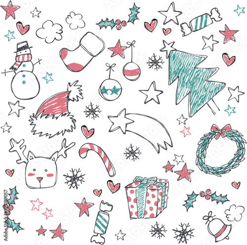 Christmas vector pattern illustration of a cute snowman, christmas tree, candy, deer, present, christmas bells, star, Christmas sock, hearts in winter