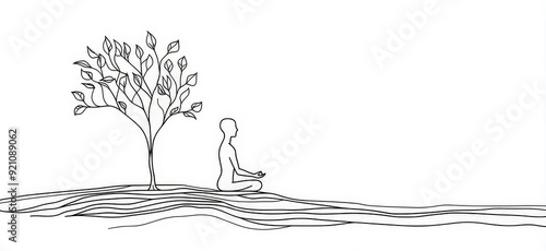 A person sits in a meditative posture on the ground beneath a tree with extended roots, conveying a sense of deep grounding, peace, and connection with the earth in a line drawing. photo