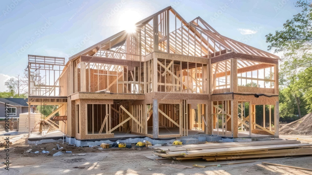 New house under construction with wooden framework. New house under construction with wooden framework.