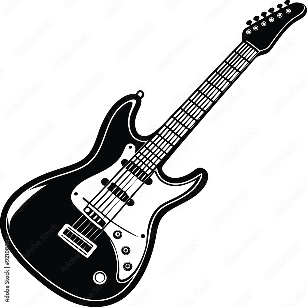 Obraz premium Electric Guitar Black and White Silhouette Icon Vector Design on White Background