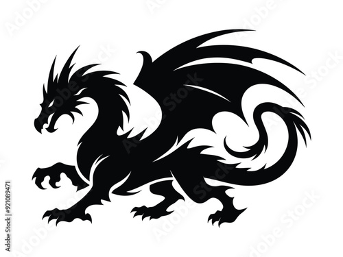 Dragon Silhouette Vector Illustration. Fantasy, Mythical, and Medieval Dragon Art.