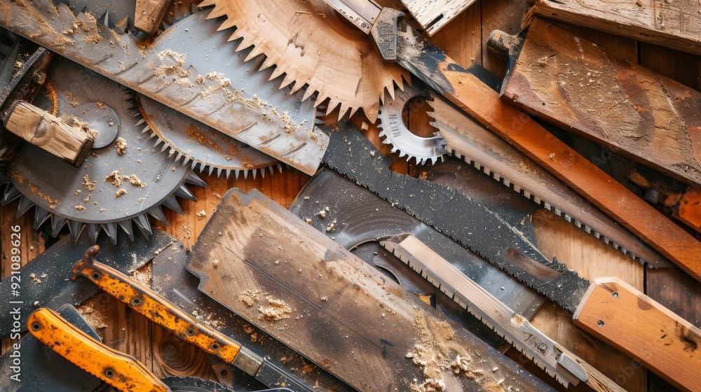 A collection of saw blades of various sizes and types, essential for cutting different materials. A collection of saw blades of various sizes and types, essential for cutting different materials.