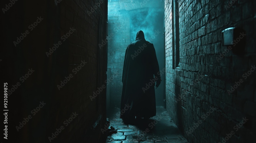 A Hooded Figure Walking Through a Dark Alleyway A Hooded Figure Walking Through a Dark Alleyway