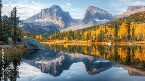 Tranquil lake reflecting towering mountains