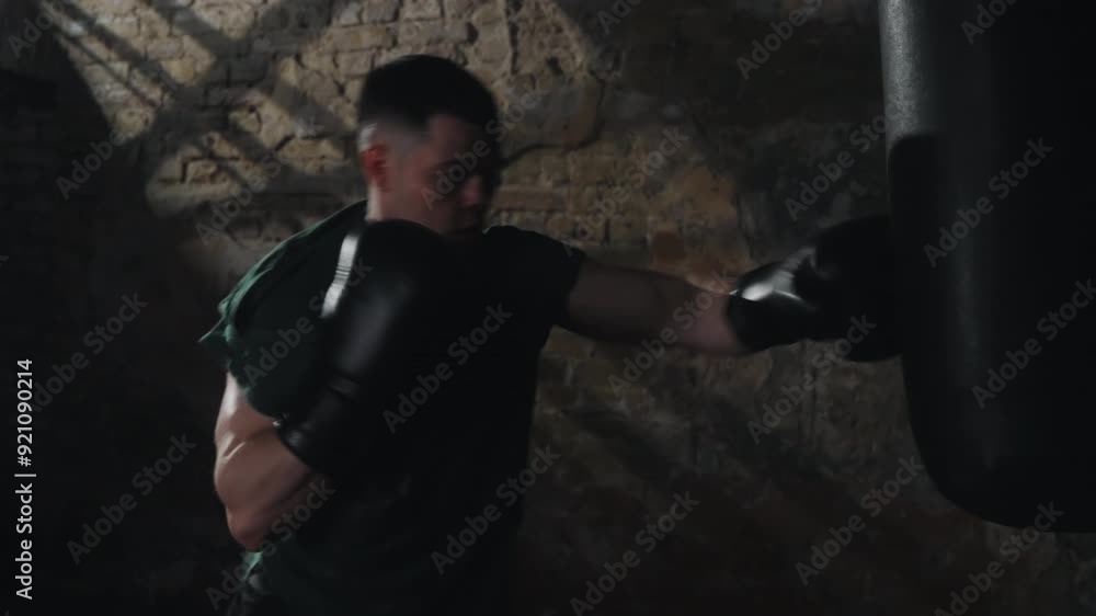 Man intensely trains with punching bag in dimly lit room. His focused expression and powerful punches emphasize strength and determination. Concept of physical fitness and combat training Man intensely trains with punching bag in dimly lit room. His focused expression and powerful punches emphasize strength and determination. Concept of physical fitness and combat training