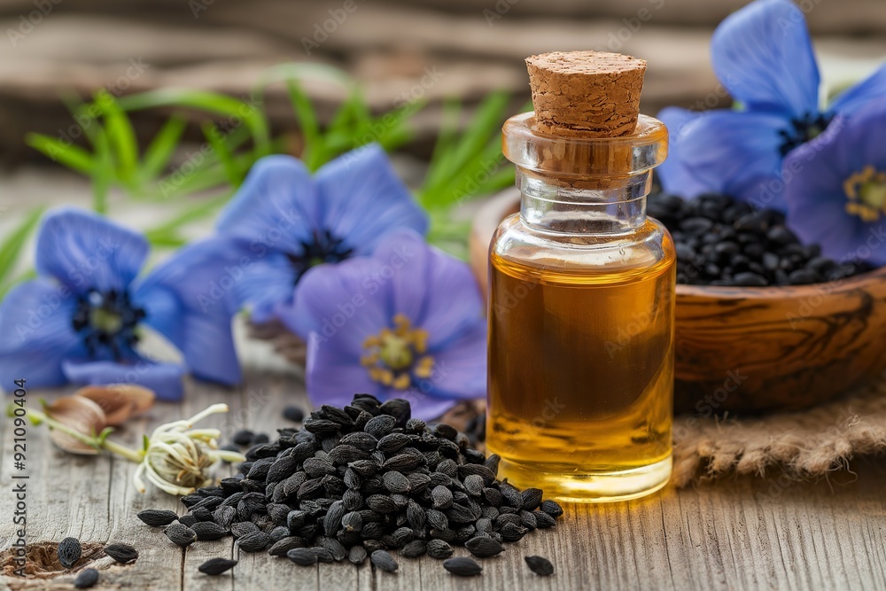 An elegant arrangement features a bottle of black seed oil next to lush blue flowers and scattered seeds on a textured wooden surface. An elegant arrangement features a bottle of black seed oil next to lush blue flowers and scattered seeds on a textured wooden surface.