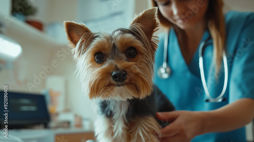 Professional Veterinarian Examining Adorable Small Dog in a Modern Vet Clinic for Health Check-Up