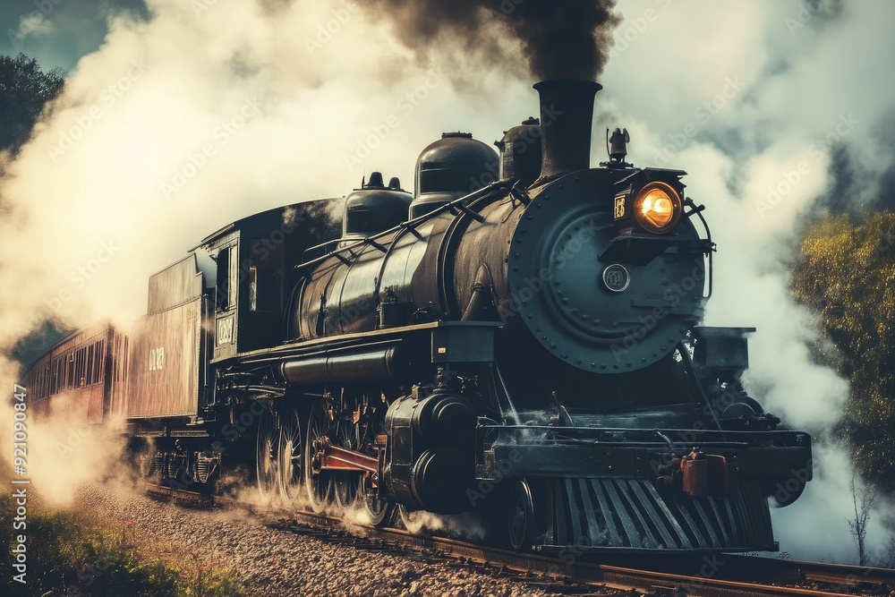 Fototapeta premium Steam-Powered Train Traveling Through Scenic Landscape