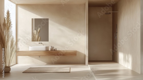 Minimalist Bathroom with Wooden Accents and Soft Lighting