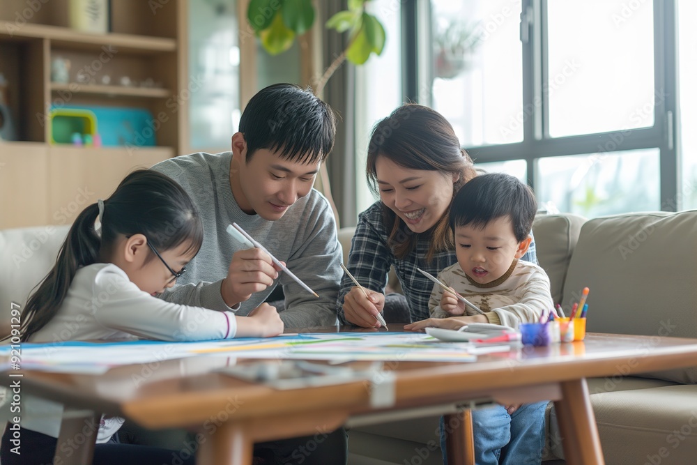 Parents and children joyfully create art together at a table in their living room. Parents and children joyfully create art together at a table in their living room.